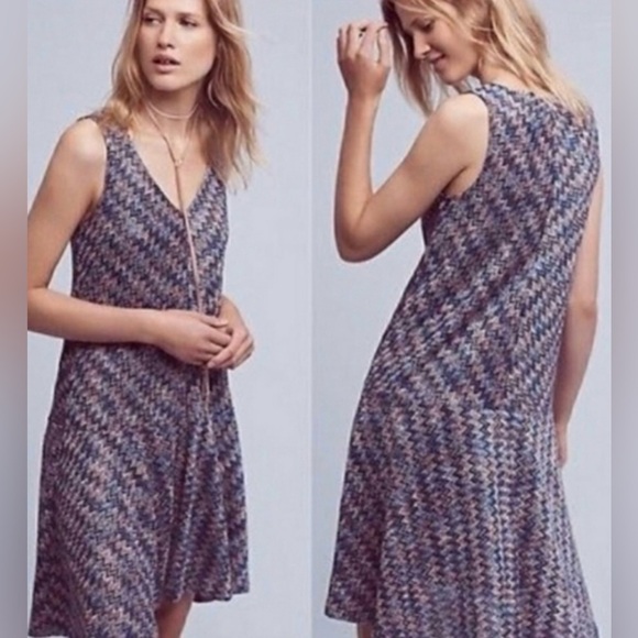 ANTHROPOLOGIE Maeve Westwater Knit Swing Dress Chevron Mini Size Medium - Picture 1 of 15